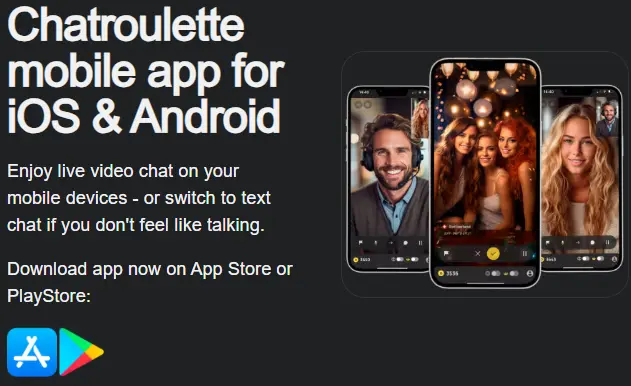 Chatroulette homepage showing iOS and Android app download options