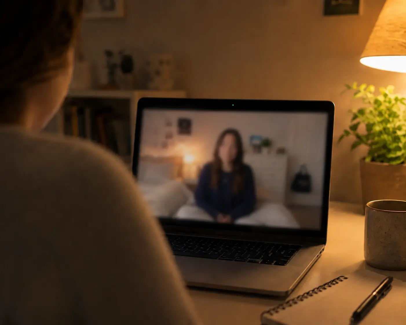 Person sitting back in a chair with a laptop open, relaxed mid-conversation posture